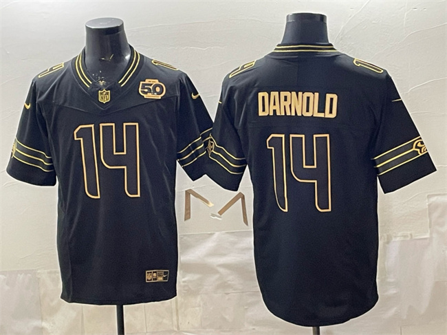 Men's Seattle Seahawks #14 Sam Darnold Black Gold 2025 F.U.S.E. 50th Season Patch Vapor Limited Stitched Football Jersey
