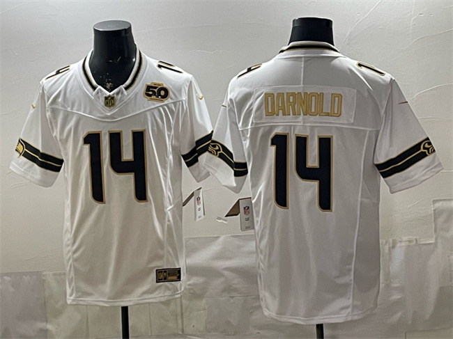 Men's Seattle Seahawks #14 Sam Darnold White Gold 2025 F.U.S.E. 50th Season Patch Vapor Limited Stitched Football Jersey