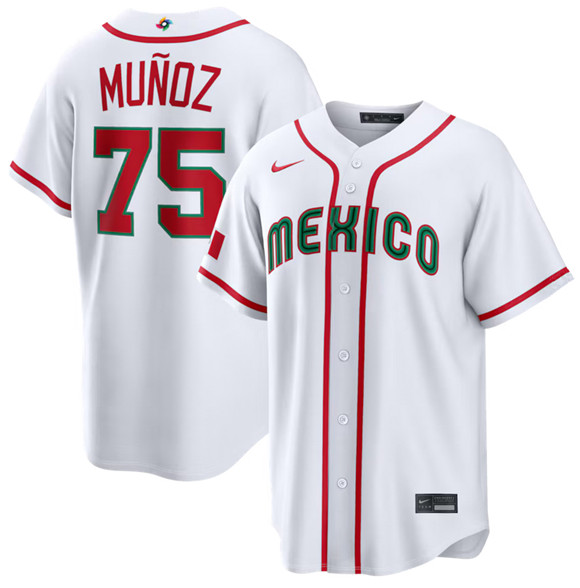 Men's Mexico Baseball #75 Andres Munoz White 2026 World Baseball Classic Home Stadium Stitched Jersey