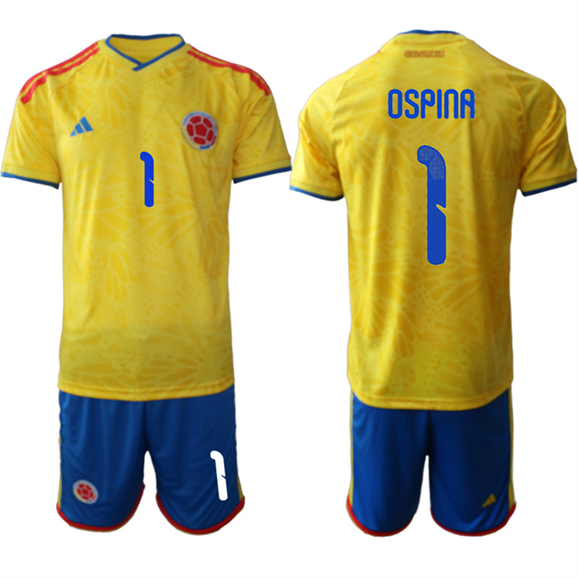 Men's Colombia Team #1 David Ospina Yellow 2026 World Cup Home Soccer Jersey Suit