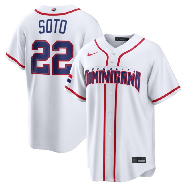 Men's Dominican Republic Baseball #22 Juan Soto White 2026 World Baseball Classic Home Stadium Stitched Jersey