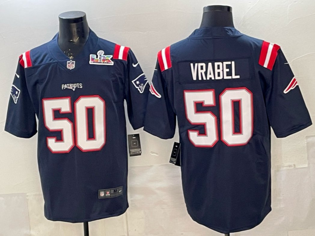 Men's New England Patriots #50 Mike Vrabel Navy Super Bowl LX Patch Vapor Limited Stitched Jersey