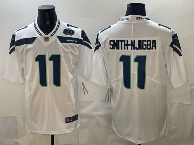 Men's Seattle Seahawks #11 Jaxon Smith-Njigba White 50th Patch Vapor Limited Stitched Jersey