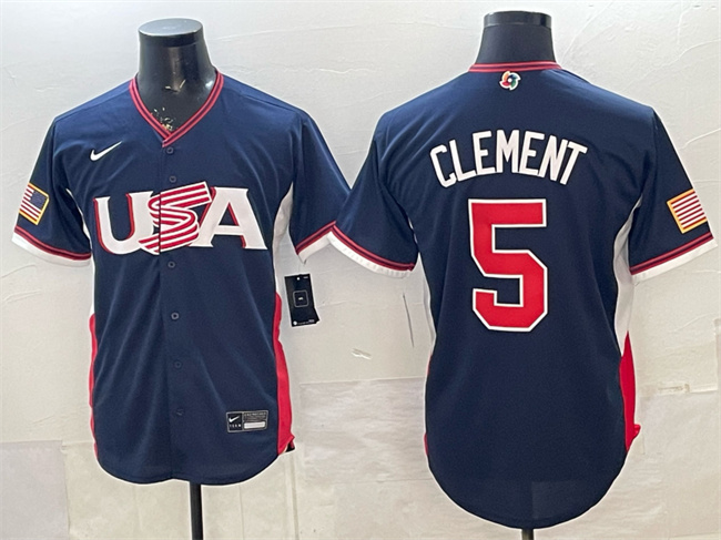 Men's USA Baseball #5 Ernie Clement Navy 2026 World Baseball Classic Road Stadium Stitched Jersey