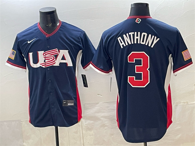 Men's USA Baseball #3 Roman Anthony Navy 2026 World Baseball Classic Road Stadium Stitched Jersey