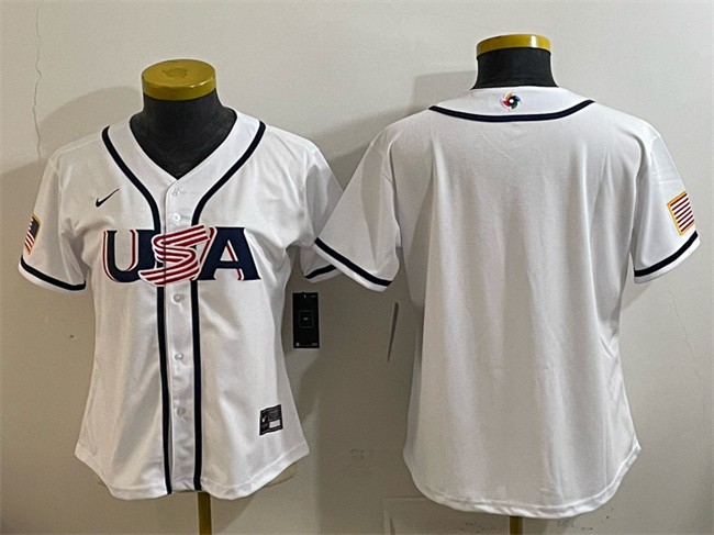 Women's USA Baseball Blank White 2026 World Baseball Classic Home Stadium Stitched Baseball Jersey(Run Small)