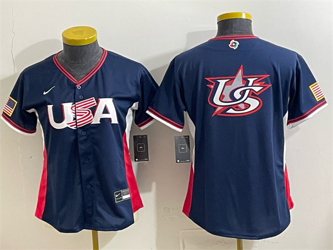 Women's USA Baseball Navy 2026 World Baseball Classic Big Logo Stadium Stitched Baseball Jersey(Run Small) (1)