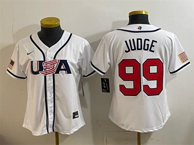 Women's USA Baseball #99 Aaron Judge White 2026 World Baseball Classic Home Stadium Stitched Baseball Jersey(Run Small)