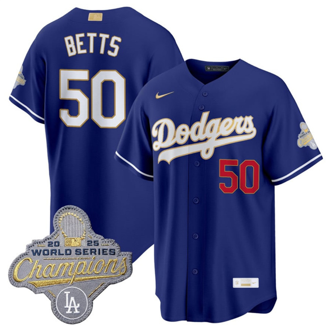 Men's Los Angeles Dodgers #50 Mookie Betts Royal 2026 Alternate Gold Collection Stadium Stitched Baseball Jersey