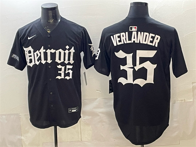 Men's Detroit Tigers #35 Justin Verlander Black 'Motor Gothic Edition' Vapor Premier Limited Stitched Baseball Jersey
