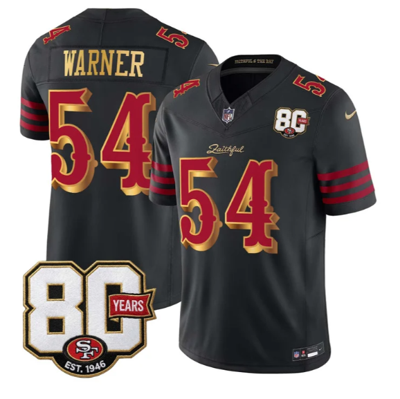 Men's San Francisco 49ers #54 Fred Warner Black 'Rivalries' F.U.S.E. 80th Anniversary Patch Vapor Limited Stitched Jersey