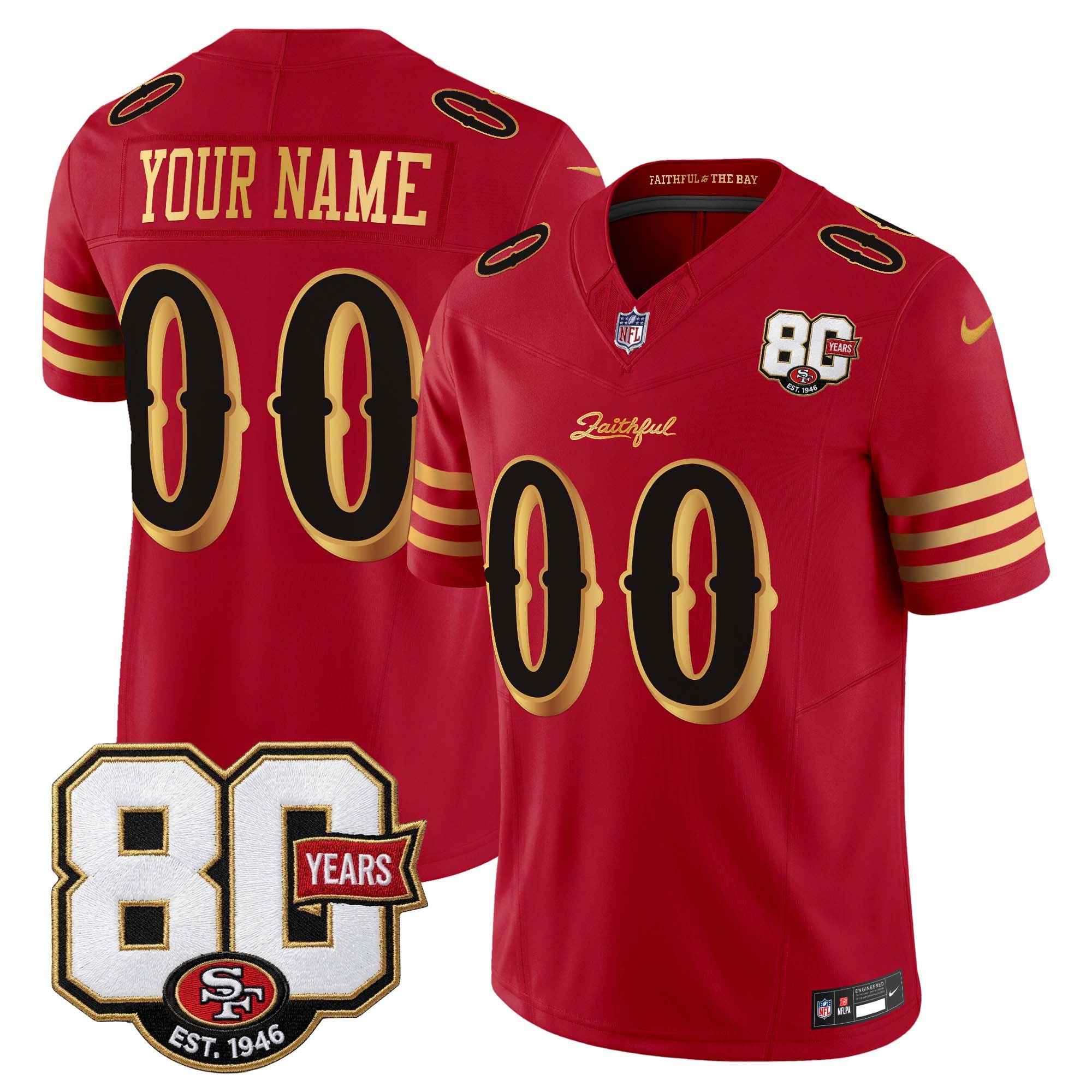 Men's & Women's & Youth San Francisco 49ers Custom Red Gold 'Rivalries' F.U.S.E. 80th Anniversary Patch Vapor Limited Stitched Jersey