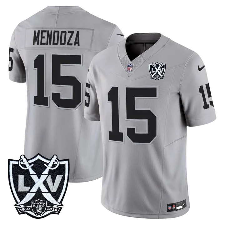 Men's Las Vegas Raiders #15 Fernando Mendoza Grey F.U.S.E. 2026 NFL Draft With 65th Anniversary Patch Limited Stitched Jersey