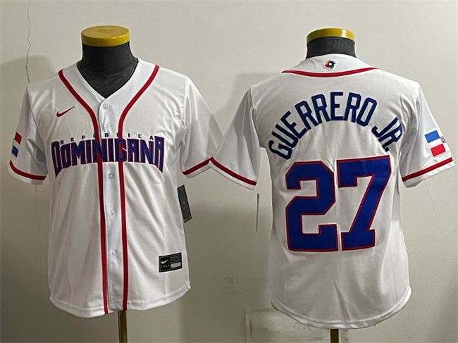 Women's Dominican Republic Baseball #27 Vladimir Guerrero Jr. White 2026 World Baseball Classic Home Stadium Stitched Baseball Jersey(Run Small)