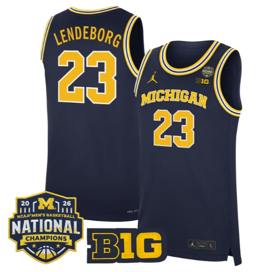Men's Michigan Wolverines #23 Yaxel Lendeborg Navy 2025-26 National Champions Patch Stitched Basketball Jersey