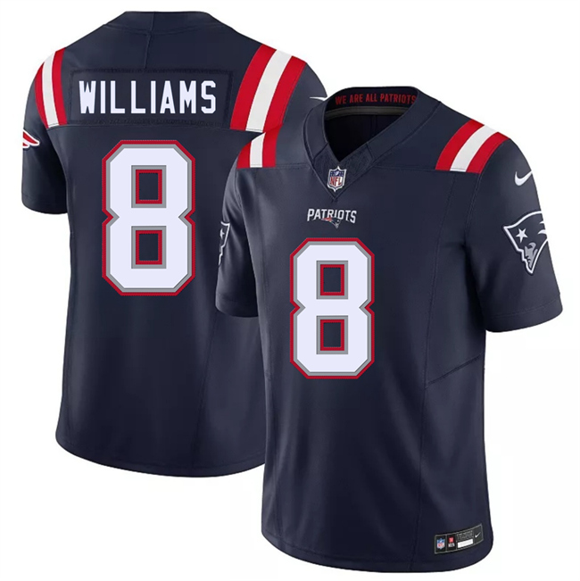 Men's New England Patriots #8 Kyle Williams Navy 2026 F.U.S.E. Vapor Limited Stitched Football Jersey