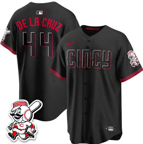 Men's Cincinnati Reds #44 Elly De La Cruz Black City Connect With Patch Limited Stitched Baseball Jersey