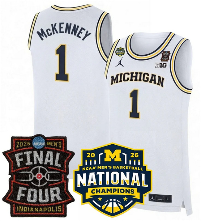 Men's Michigan Wolverines #1 Trey McKenney White 2025_26 Final Four & National Champions Patch Stitched Basketball Jersey