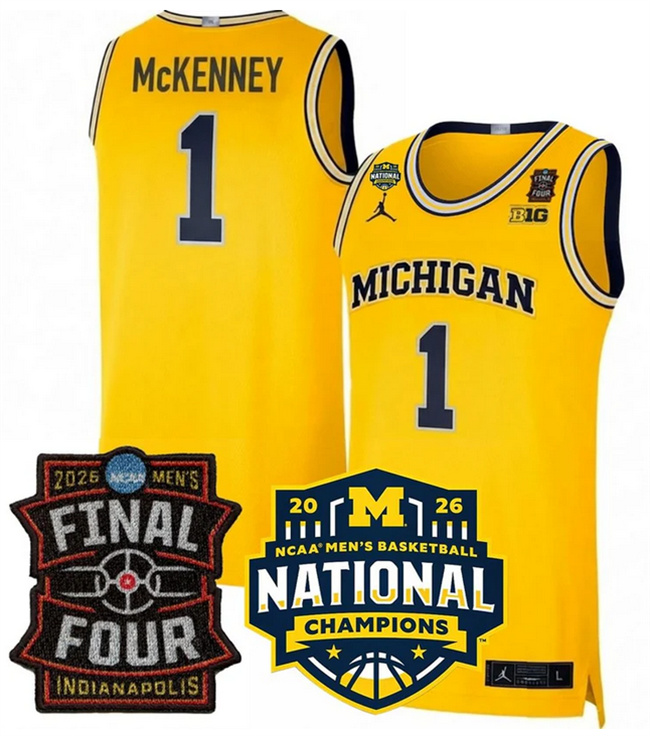 Men's Michigan Wolverines #1 Trey McKenney Yellow 2025_26 Final Four & National Champions Patch Stitched Basketball Jersey