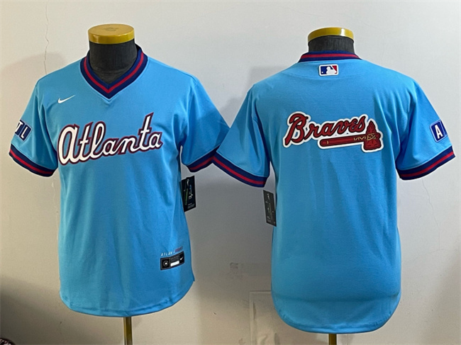 Youth Atlanta Braves Team Big Logo Powder Blue 2026 City Connect Stadium Stitched Baseball Jersey