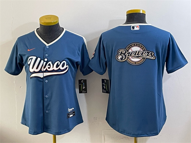 Women's Milwaukee Brewers Team Big Logo Mineral Blue 2026 City Connect Stadium Stitched Baseball Jersey(Run Small)