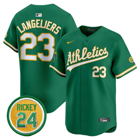 Youth Oakland Athletics #23 Shea Langeliers Green 2024 Limited With Rickey Henderson Patch Stitched Jersey