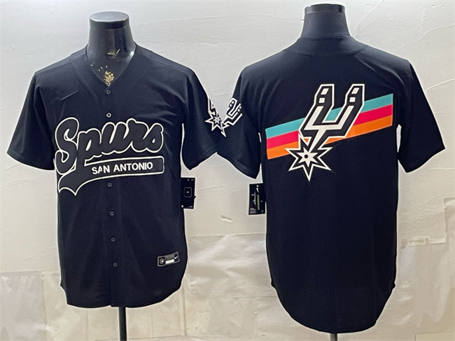 Men's San Antonio Spurs Team Big Logo Black Stitched Baseball Jersey