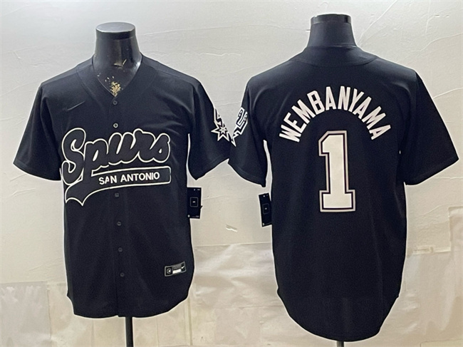 Men's San Antonio Spurs #1 Victor Wembanyama Black Stitched Baseball Jersey