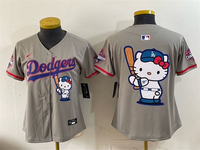 Youth Los Angeles Dodgers Team Big Logo Grey Hello Kitty Night 2025 World Series Champions Patch Stitched Baseball Jersey
