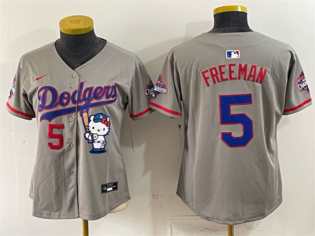 Youth Los Angeles Dodgers #5 Freddie Freeman Grey Hello Kitty Night 2025 World Series Champions Patch Stitched Baseball Jersey