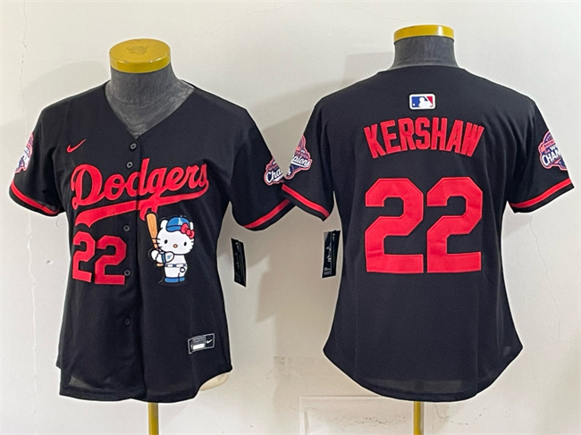 Youth Los Angeles Dodgers #22 Clayton Kershaw Black Hello Kitty Night 2025 World Series Champions Patch Stitched Baseball Jersey