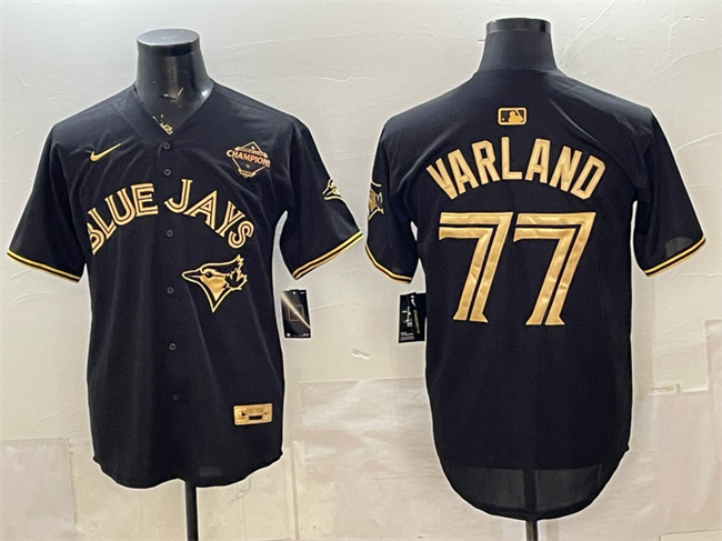 Men's Toronto Blue Jays #77 Louis Varland Black Gold 2025 American League Champions Limited Stitched Baseball Jersey