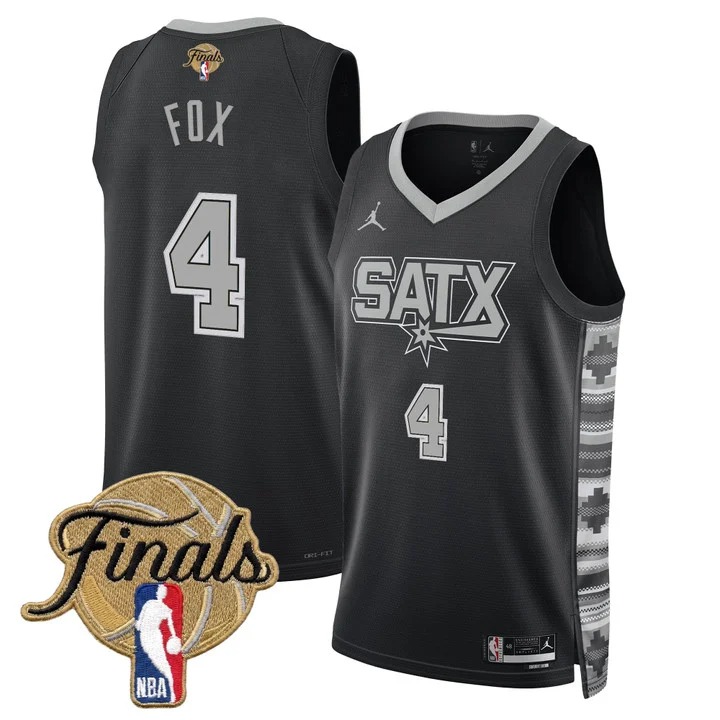 Men's San Antonio Spurs #4 De'Aaron Fox Black 2026 Finals Statement Swingman Stitched Jersey