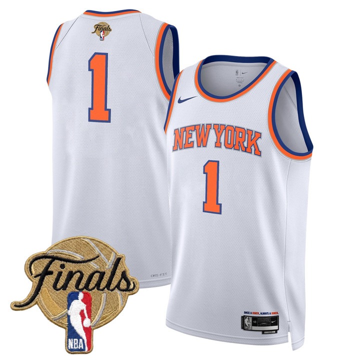 Men's New Yok Knicks #1 White 2026 Finals Patch Association Stitched Basketball Jersey