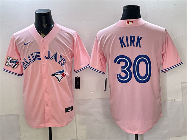 Men's Toronto Blue Jays #30 Alejandro Kirk Pink 50 Seasons Patch Stitched Baseball Jersey