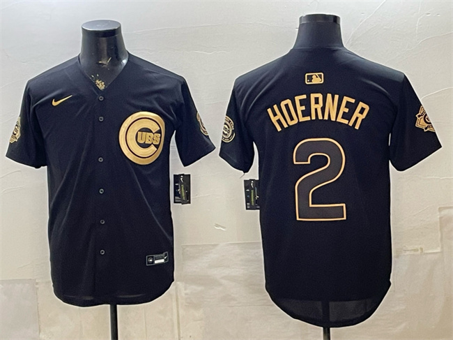 Men's Chicago Cubs #2 Nico Hoerner Black Gold 150th Anniversary Patch Stitched Baseball Jersey