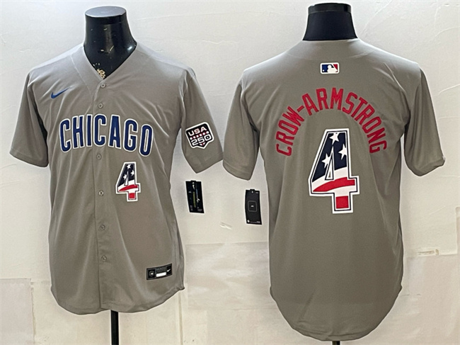 Men's Chicago Cubs #4 Pete Crow-Armstrong Grey 2026 USA 250 Fourth of July Stitched Baseball Jersey