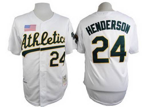 Men's Oakland Athletics #24 Rickey Henderson 1990 White Throwback Jersey